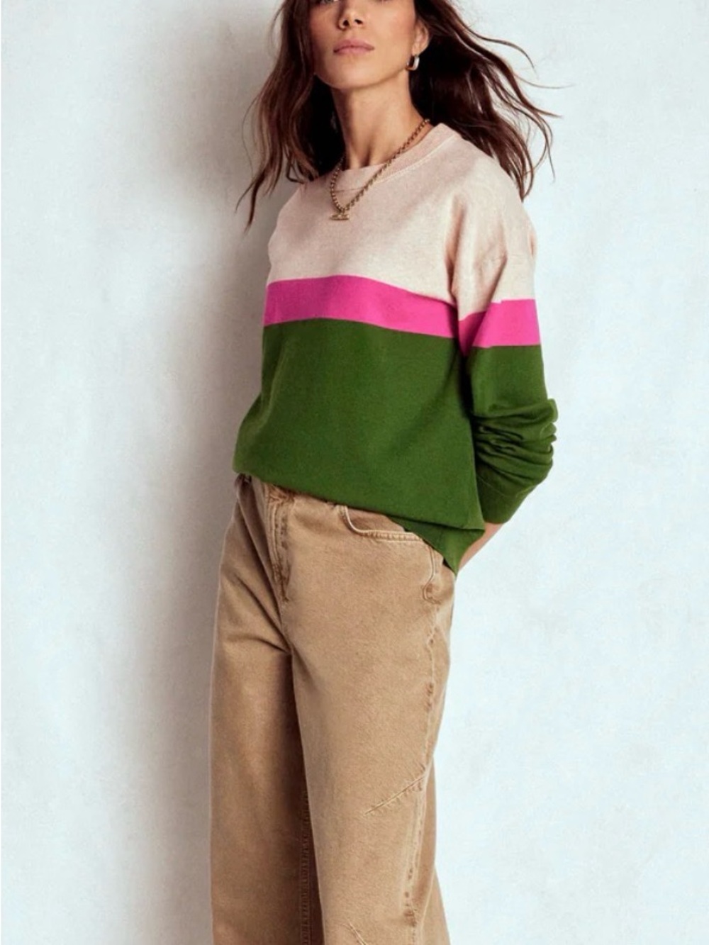 Boden Colorblock Crewneck Sweater in Cream, Pink & Green, Size Medium
